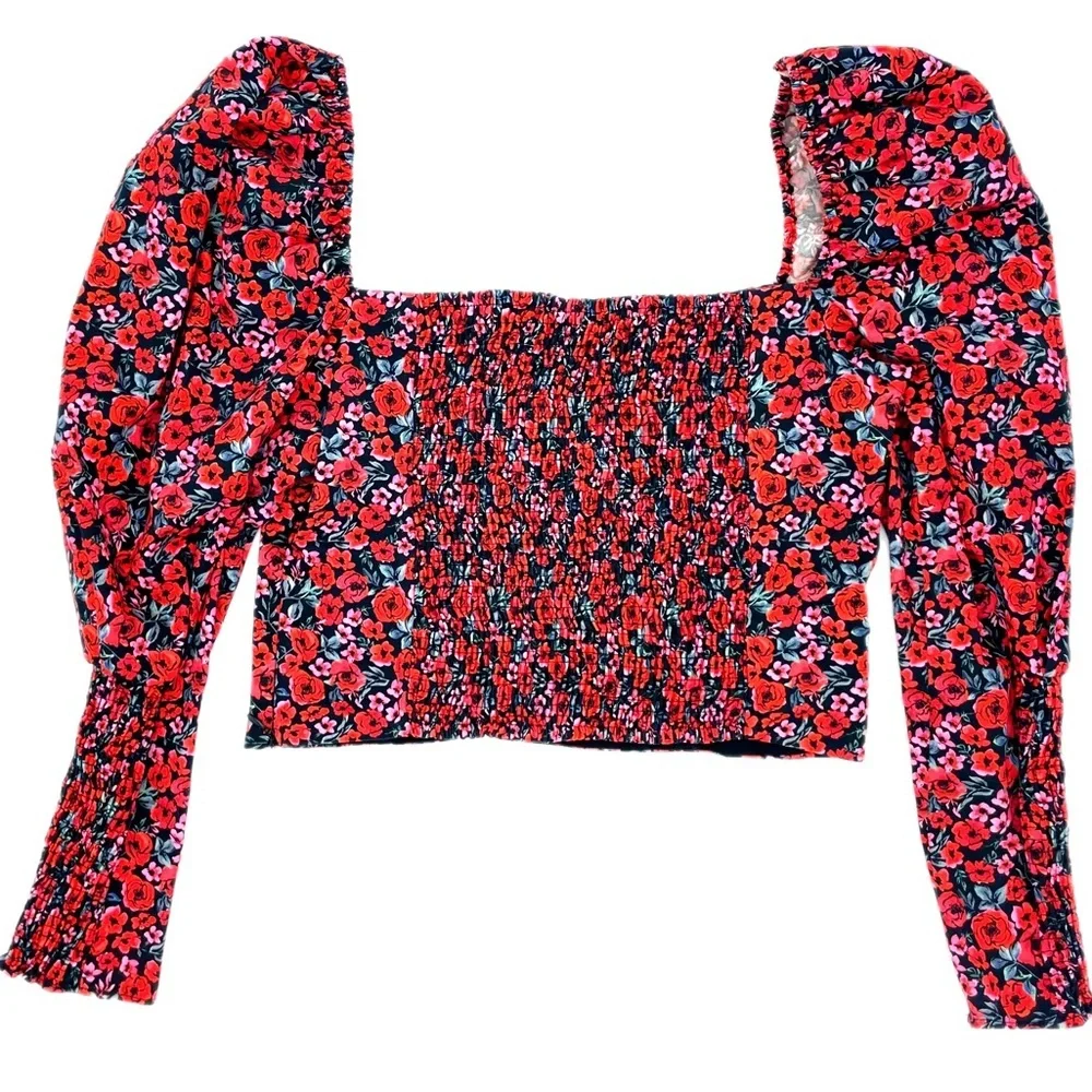 Zara Puff Sleeve Floral Crop Top Rose Print Sweetheart Ruched Blouse Size M - Picture 15 of 15